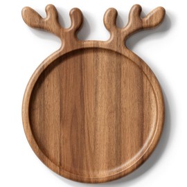 Acacia Antler Christmas Serving Platter, 12" x 15" Round Wooden Food Dish, Serving Dishes Charcuterie Board Tray for Cheese Fruit Bread, Christmas Platter for Housewarming Decro Wedding