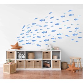 Blue Watercolor Fish Wall Decals – 80 PCS Pastel Ocean Stickers in 3"–7", Peel and Stick Reusable Fabric for Nursery & Kids Room – 8 A4 Sheets – PVC-Free – Made in Australia