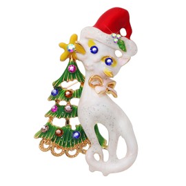 KristLand - Vintage Christmas Bownot Cat Brooch Pin Cute Enamel Cat with Christmas Tree and Hat Christmas Brooch Pin Corsage For Cloth Bag, Crystal, crystals