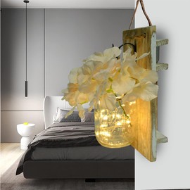 Rustic Mason Jar Wall Decor Sconces with LED Fairy Lights -Battery Cordless Wall Sconces, Farmhouse Wall Decor with Silk Flowers, Perfect for Bedroom, Kitchen, Bathroom, and Home Decor (Set of 2)