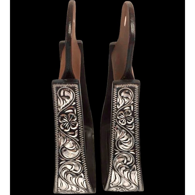 Majestic Ally Western Horse Aluminum Black Engraved Stirrups- Adults (Silver-Black)