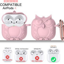 Alloery Owl Shaped Protective Case Cover Compatible with Airpods 4th Gen, with Carabiner, Wireless Charging, Shock Resistant (Pink)