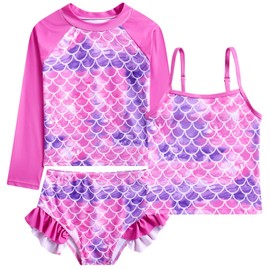Funnycokid Girls Swimsuit Size 6 7 Rash Guard 3 Pieces Kids Mermaid Ruffle Tankini Swimwear Long Sleeve Summer UPF50+ Beach Suit