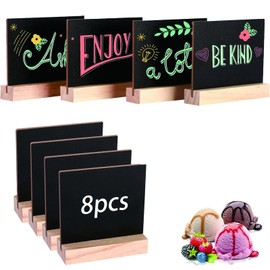 Pack of 8 Slate Board for Labelling, Chalkboard Stand with Wooden Base, Wooden Card Holder, Double-Sided Small Chalkboard, Place Cards, Place Cards, Chalkboard Stand