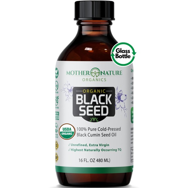Mother Nature Orgnics Black Seed Oil, USDA Organic Certified, Cold Pressed, Unrefined, Vegan, Nigella Sativa, High TQ, Great for Joint Pain, Immune Support, Hair Growth (16oz)