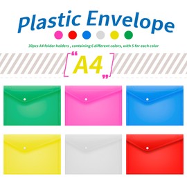 A4 Plastic Wallets 30Pcs File Folder Document Wallets Waterproof Plastic Wallet Transparent Colours with Button Storage and Organization Office Supplies