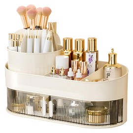 EachDusto Rotating Makeup Brush Holder organizer with Drawer White Makeup Organizers Countertop Large Makeup Organization Skincare Storage for Vanity Desktop Bathroom