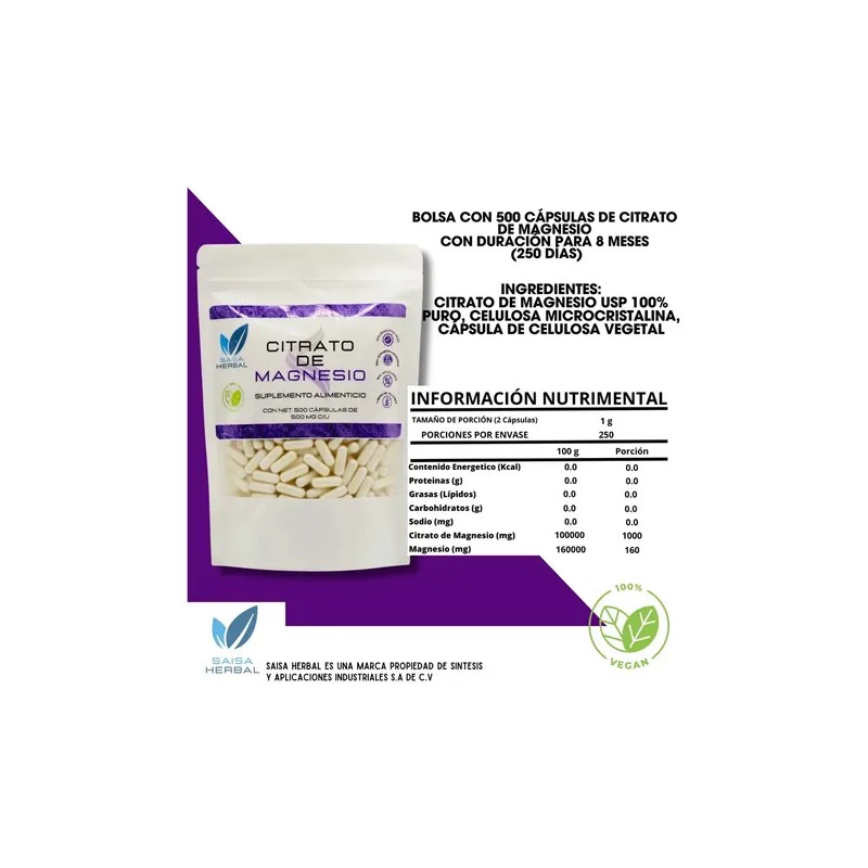 Citrato Magnesio Potasio 500 Cáps Vegana Sabor