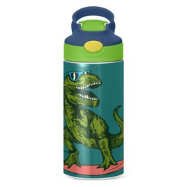 T-Rex Dinosaur Surfing Kids Water Bottle with Straw and Carry Handle Green Dragon Vacuum Insulated Stainless Steel Bottles Leak-Proof for Boys Girls Toddler 12 oz Green Lid