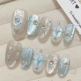 Handmade Press on Nails Blue Glitter Fake Nails Short Almond Glue on Nails with Star Bow Design Rhinestone Stick on Nails Artificial Acrylic Full Cover Glossy False Nails for Women Manicure 30Pcs