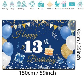 13th Birthday Decorations Happy 13th Birthday Backdrop Banner for Boys/Girls Happy 13 Years Old Fabric Sign Poster, Blue Photography Background 13th Birthday Party Supplies, 59"x35.4"