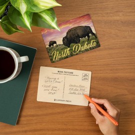 North Dakota, Bison and Sunset (4x6 Birch Wood Postcards, 2-Pack Stationary, Rustic Home Wall Decor)