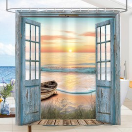 Dazzlewall Duschvorhang Ozean Strand Sonnenaufgang Küstenszene Blaue Holztür Badezimmer Vorhang 180x180cm, Wasserdicht Anti-Schimmel Stoff mit 12 Haken