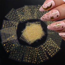 30 Sheets Gold Nail Art Stickers Decals 3D Self-Adhesive Metal Irregular Shape Line Diamond Nail Decals with Nail Design for Women DIY Acrylic Nail Art Supplies Decorations
