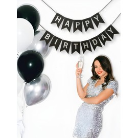 Black Silver Happy Birthday Banner Sign Decorations for Boys Girls Men Women 16th 18th 21st 30th 40th 50th 60th 70th 80th Streamers Party Garland Backdrop Nursery Hanging Décor