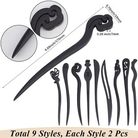 GORGECRAFT Pack of 18 9 Styles Wooden Hair Sticks, Black Hair Pins, Vintage Old Chinese Traditional Hair Chopsticks, Hairpin Picks, Carved Long Horn Fork Hair Clips for Women