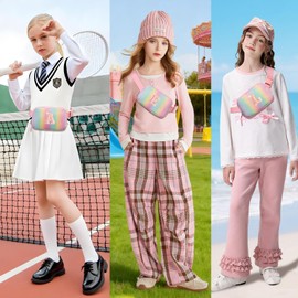 Birthday Graduation Gifts for 5 6 7 8 9 10 11 12 Year Old Her Girl Teens Kids, Glitter Initial Letter Fanny Pack for Girls Travel Essential, Personalized Belt Crossbody Bag Trendy Stuff, Rainbow T