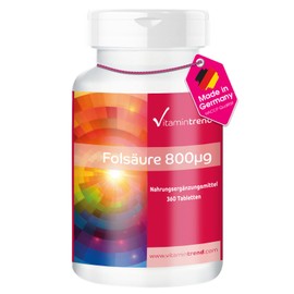 Vitamintrend Folic Acid 800µg, 360 Tablets, Swallow-friendly, Vitamin B9, Dietary Supplement Vegan without Magnesium Stearate, Made in Germany