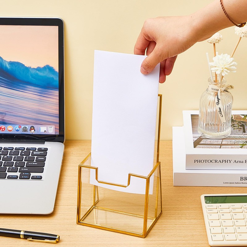 Fuyoooo 2 Pcs Gold Glass Brochure Holder Stand 4 Inch