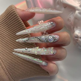 SINHOT Stiletto Press on Nails Long Fake Nails Glossy Glue on Nails White Pearls Acrylic Nails Almond Artificial Nails Pearlescent Butterfly Stick on False Nails with Design 24 pcs