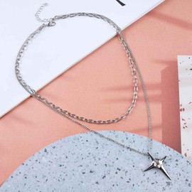 Iaceble Punk Layered Star Choker Necklace Crystal Star Pendant Necklace Chunky Paperclip Chain Necklace Silver Cross Necklace Jewelry for Women and Girls