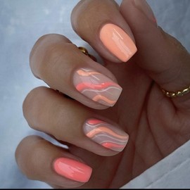 MIXFOSAHN Press on Nails Medium Square Fake Nails Nude Orange False Nails with Line Swirl Designs Glossy Full Cover Stick on Nails Glue on Nails Elegant Acrylic Nails for Women Girls 24 Pcs