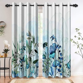 Renaiss Teal Blue Floral Window Curtains Aqua Flower with Leaves Decorative Curtain for Bedroom Light Filtering Windows Curtain Fabric Garden Floral Design Window Treatment 42" W x 84" L, 2 Panels