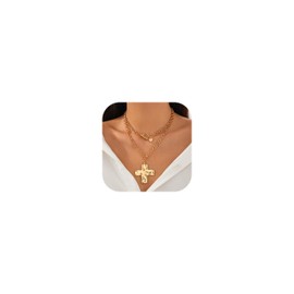 Your Always Charm Gold Chunky Cross Necklace for Women Statement Cross Pendant Necklace Layered Hammered Bold Cross Necklace