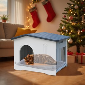 CSQOO Waterproof Outdoor Cat House with Escape Door, Plastic Cat House for Feral Cats Outdoor Cat House with Mat, Sturdy Cat House for Outdoor Cats, Assemble Easily-Grey
