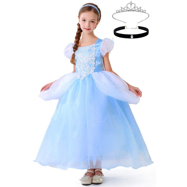 TYHTYM Cinderella Dress for Kids, (Children's Dress, Tiara, Necklace), 3-Piece Set, Cosplay, Costume, Princess Dress-Up, Kids Costume, Sizes (100 to 140 cm), Fluffy, 6-Layer Structure, Comfortable, Princess Dress, Perfect for Birthdays, Valentine’s Day, 