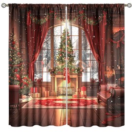 Nitmbi Christmas Curtains,Red Warm Christmas Tree Lights Candle Elk Christmas Stocking Bell Gift Pattern Drapes Window 2 Panel Rod Pocket Curtain for Bedroom Living Room Decor 42" W X 45" L