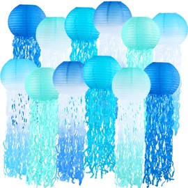 ADLKGG Gradient Blue Jellyfish Paper Lanterns, Under The Sea Party Decorations, Hanging Jelly Fish Paper Lanterns for Mermaid Theme Party Ocean Theme Birthday Decorations Baby Shower Baby Room, 12pcs