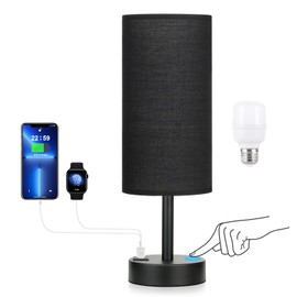 Black Touch Nightstand Lamps for Girl - Small Bedside Lamp with USB-C and USB Charging Ports, 3 Way Dimmable Control Table Lamp for Living Room Office, Dorm, Reading with Fabric Shade Black Base