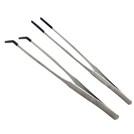 HRASY Stainless Steel Straight and Curved Tweezers Aquarium Tweezers with Rubber Tips Long Handle Reptile Feeding Tongs for Fish Tank Aquatic Plants, 2pcs, 10.6 Inch, Silver
