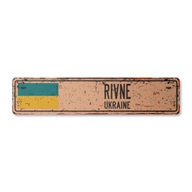 Rivne Ukraine Vintage Plastic Street Sign Ukrainian Flag City Country Road Wall Gift | Indoor/Outdoor | 18" Wide