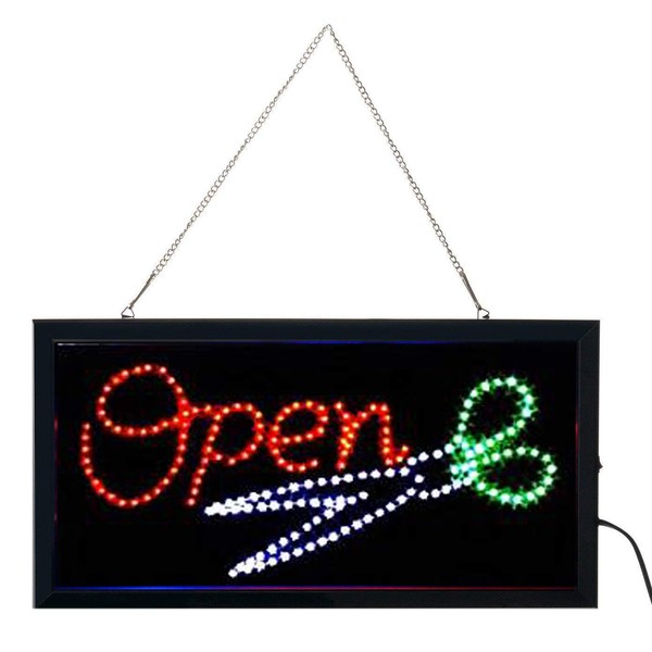 E-ONSALE Ultra Bright LED Neon Animated Hair Cut Salon Open Sign for Business w/Power & Animation On/Off (Open/Scissors)