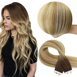 Full Shine Invisible Virgin Tape in Hair Extensions Color 3/8/22 Dark Brown Roots Fading to Brown And Blonde 12Inch Seamless Remy Hair Tape in Extensions Double Sided Skin Weft Natural 20 PCS 30 Gram