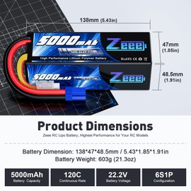 Zeee 6S Lipo Battery 5000mAh 22.2V 120C Hard Case RC Battery with EC5 Connector for RC Car Trucks Airplane Helicopter Quadcopter Boat Racing Models (2 Pack)