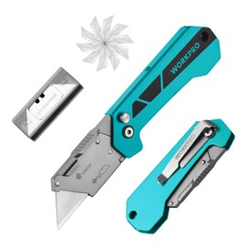 WORKPRO Folding Utility Knife, Mini Box Cutter with Quick Open Axis Lock, Quick Change Blade Razor Knife, Foldable Small Pocket Knife with Belt Clip, 10 Extra Blades Included, Blue