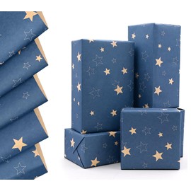 Blue Recyclable Wrapping Paper with Star, QRTDXP Xmas 5pcs 50cm*70cm Wrapping Paper Sheets Design for Birthday Xmas Day Wedding Graduation
