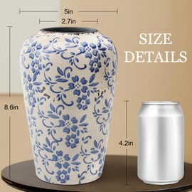 BEAHOT 8.6 Inch Chinoiserie Ceramic Vase – Blue and White Tall Vintage Flower Vase, Large Retro Chinoiserie Cracked Porcelain Decor for Living Room Centerpieces, Bookshelf, Grand Millennial Decor
