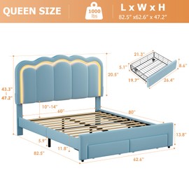 Queen Upholstered LED Bed Frame with 2 Storage Drawers and Adjustable Chic Double Wavy Headboard, Velvet Princess Platform Bed with Charing Station, Solid Wood Slats Support,No Box Spring Needed,Blue