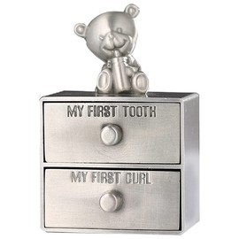 Baby Teeth Storage Box Metal Alloy Tooth Holder Keepsake Cute Bear First Curl and Tooth Box with 2 Drawer for Baby Boys or Girls