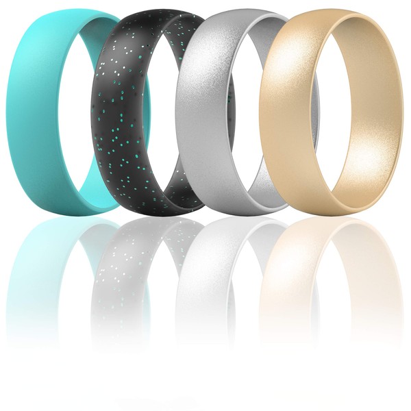 ThunderFit Silicone Wedding Rings for Men & Women - 6.3mm Wide - 1.65mm Thick (Black Teal Glitter, Teal, Silver, Rose Gold, 5.5 - 6 (116.50mm))