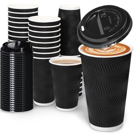 BYSNOW 16oz Coffee Cups with Lids, 100 Pack Insulated Ripple Paper Cups, Disposable Coffee Cups for Water, Juice, Coffee (Black 16oz)