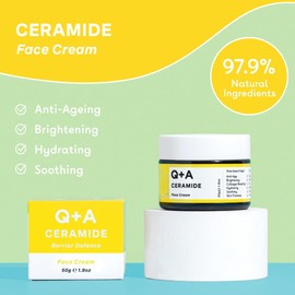 Q+A Ceramide Barrier Defence Face Cream (50g), Hydrating Moisturiser with Pineapple Ceramides, Pro Vitamin E and Squalane, Natural Face Care, Fragrance Free Skincare, Brightening Face Cream