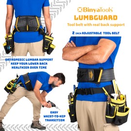BINYATOOLS Tool Belt with Lumbar Back Support for Tradesman Pro Construction Electrician 2in Tool Belt for Men Orthopedic Lower Back Brace for Heavy Lifting Lightweight with D Rings and Pockets- L