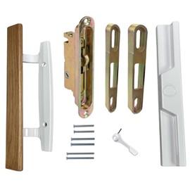 Sliding Patio Glass Door 9" Handle Set with Oak Wood Interior Handle + Exterior Pull in Diecast Finish Fits 3-15/16” Screw Hole Spacing, Non-keyed with Mortise Lock with Trimplate + Keepers - WHITE