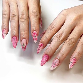 Rilafuvu Almond Press on Nails Short Fake Nails,Glue on Nails 3D Wave and Floral Acrylic Nails,Flower Nails Press ons Pink Stick on Nails Rhinestones False Nails for Women and Girls 24Pcs