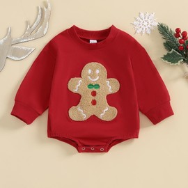 Dcohmch Baby Girl Boy Christmas Romper Cartoon Embroidery Long Sleeve Sweatshirt Jumpsuit Infant Fall Winter Clothes (Red, 0-3 Months)